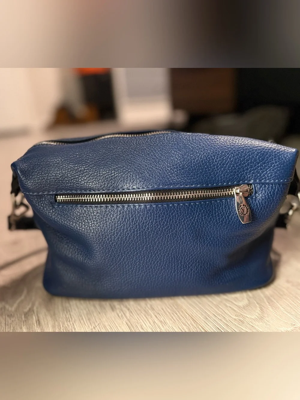 Valentina Navy Blue Pebbled Leather Crossbody with Black Strap - Picture 4 of 10